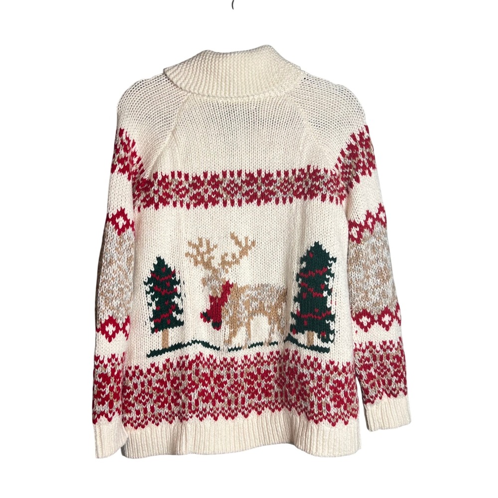 Lands End Cardigan Sz L/P Cream Reindeer Fair Isle Zip Sweater Thick Chunky